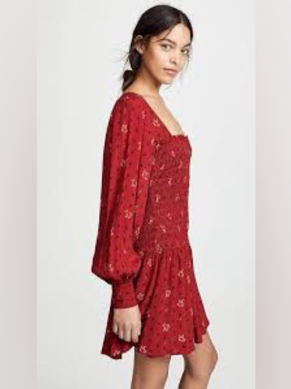 Free People Two Faces Mini Dress Ruby Red Floral Smocked Long Sleeve M